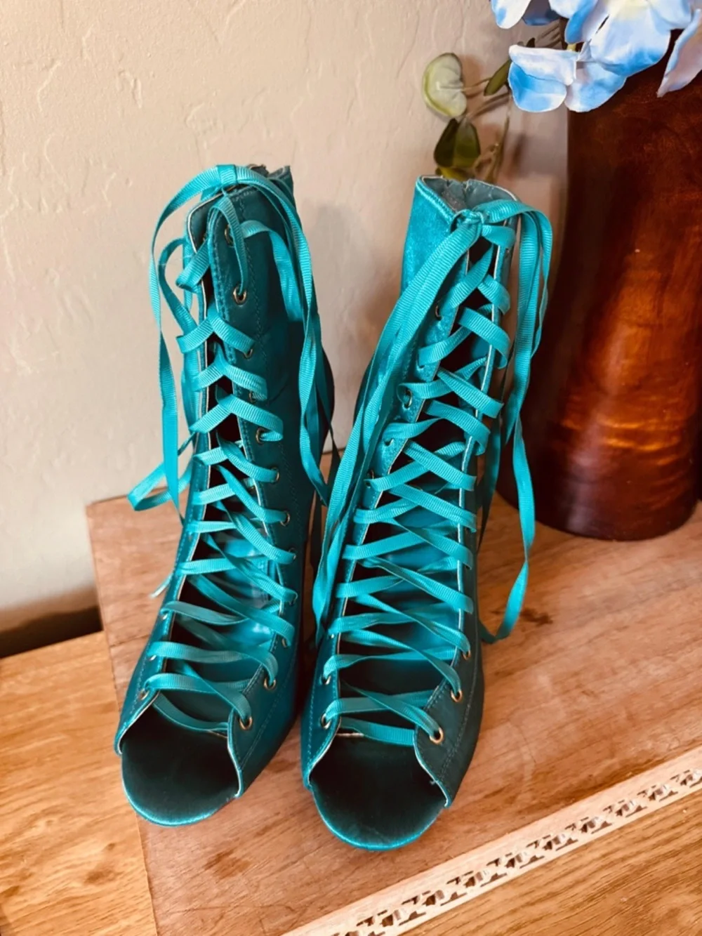 Teal Satin Lace-Up Heeled Booties Open Toe Size 9 Statement